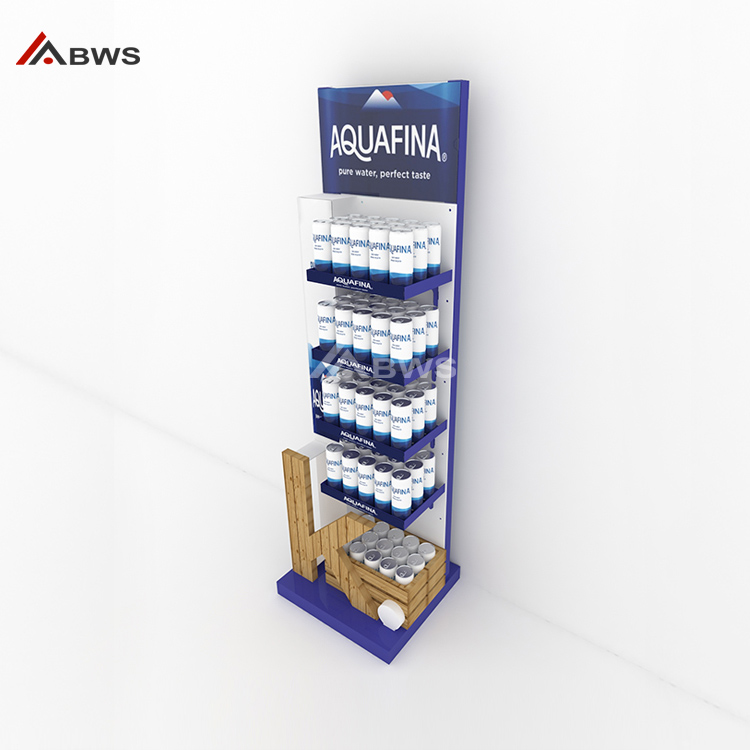 5-Tiers Water Drinks Display Racks in Blue White Metal with Wood Box