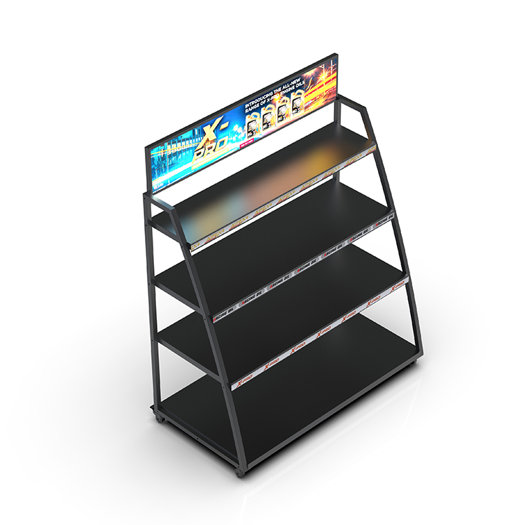 4-Tier Lubricant Oil Display Rack Metal Floor Display Easy Movable